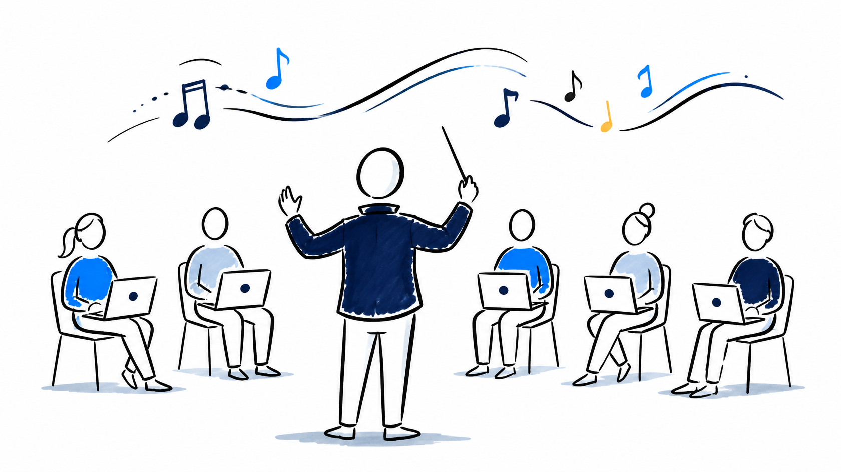 Scrum Master como maestro diante do time com laptops, conduzindo sem tocar nenhum instrumento