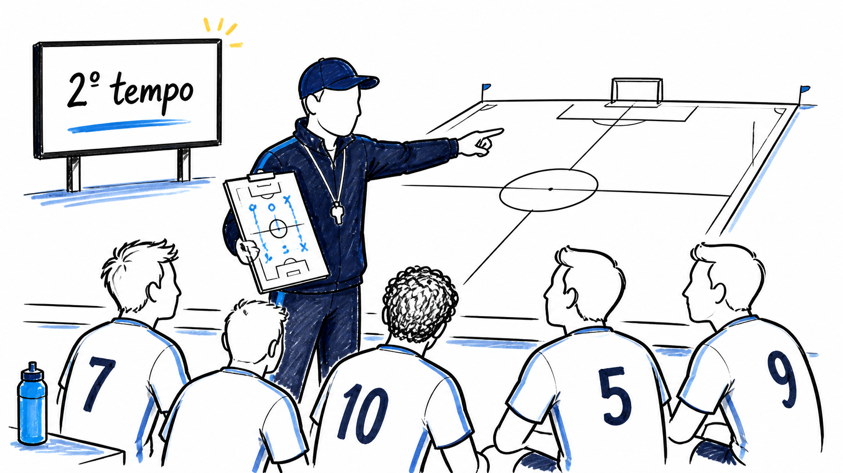 Técnico com prancheta orientando o time à beira do campo durante o intervalo, com placar indicando segundo tempo