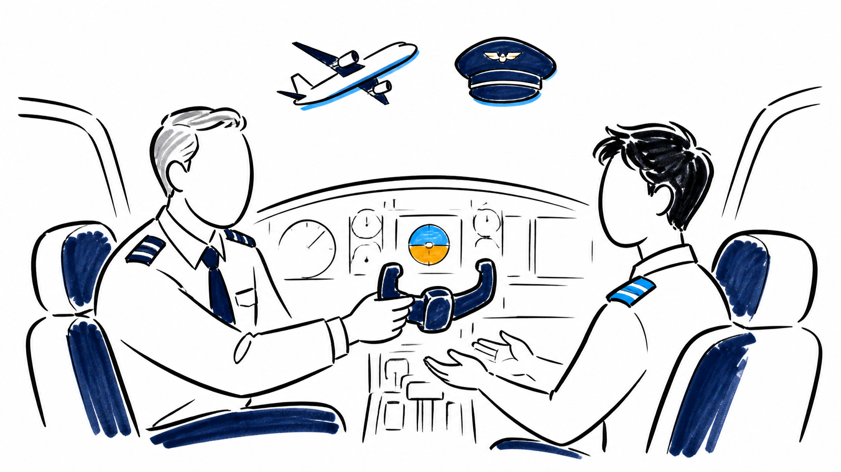 Piloto experiente passa o manche para uma pessoa mais jovem em um cockpit simplificado