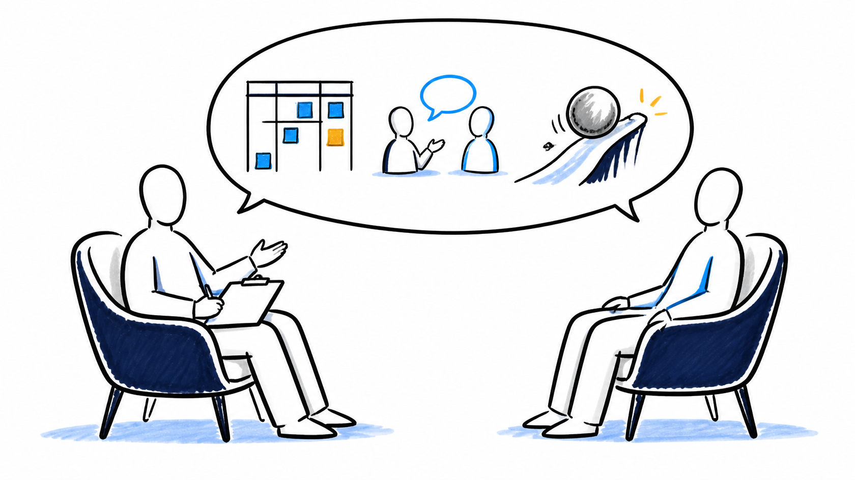 Duas pessoas em entrevista, com balão de fala contendo um quadro Scrum, duas pessoas conversando e uma pedra sendo removida do caminho